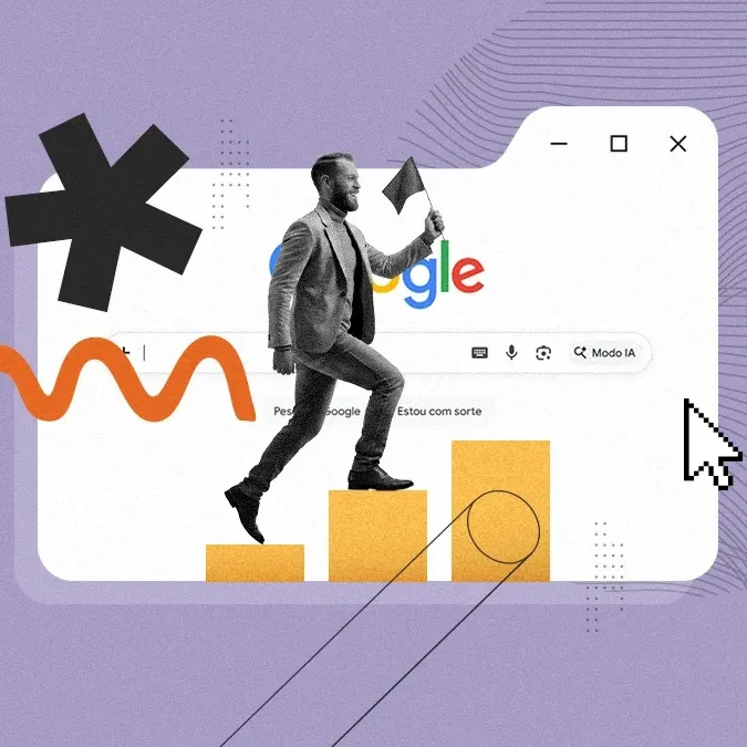 Fotomontagem de um homem subindo num pódio, com a imagem da SERP do Google ao fundo.