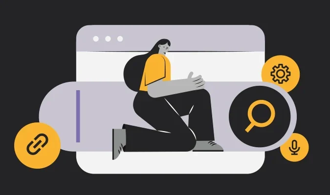 ILustração de uma mulher e uma barra de busca do Google