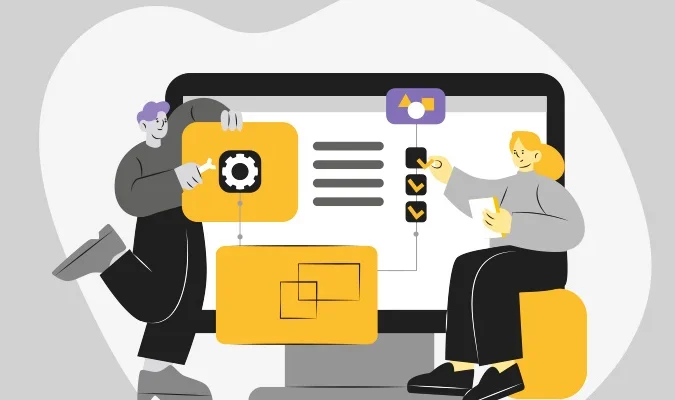 Ilustração de 2 homens fazendo uma auditoria de SEO em um site