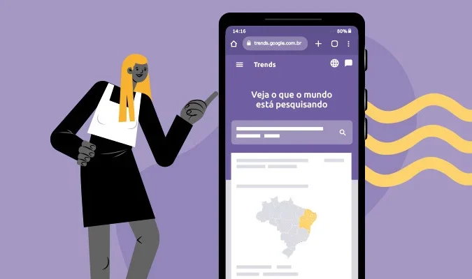 Ilustração de uma mulher observando o Google Trends na tela do celular