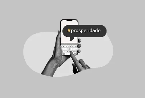 Ilustração de uma mão segurando celular com uma hashtag na tela