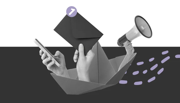 Ilustração abstrata: Um barquinho de papel do qual saem mãos segurando um envelope, um megafone e um smartphone.