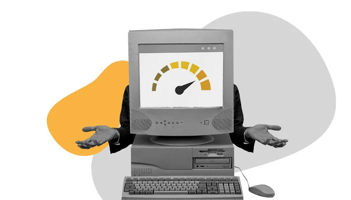 Imagem abstrata: um computador de mesa. Por detrás dele há um homem, mas só é possível visualizar seus braços, posicionados em um gesto de indagação.
