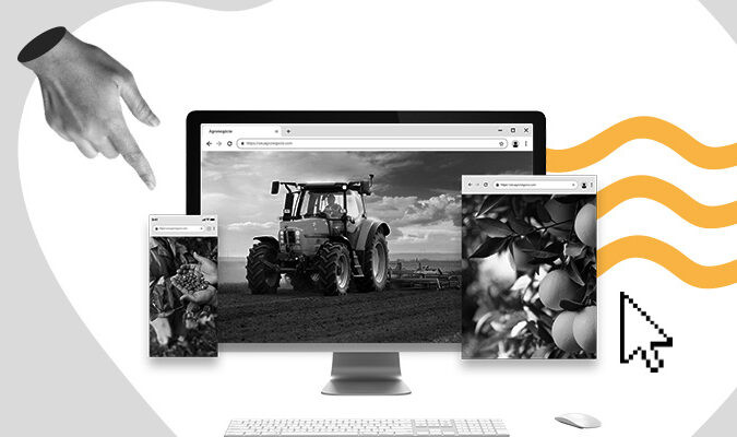 Fotomontagem com trator e plantações na tela de um computador e um celular para representar o marketing de conteúdo no agronegócio.