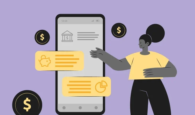 Ilustraçõa de uma mulher acessando o app de um banco