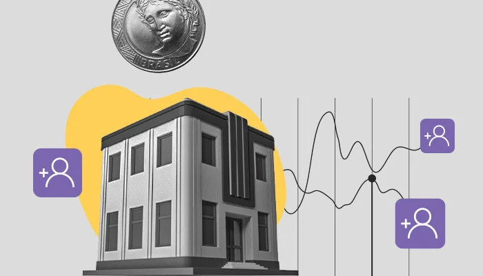 Um banco ao centro com uma moeda acima e graficos e grafismos de relacionamento a sua volta