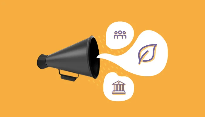 Um megafone. Do objeto saem balões de diálogo que representam finanças, pessoas e meio ambiente.