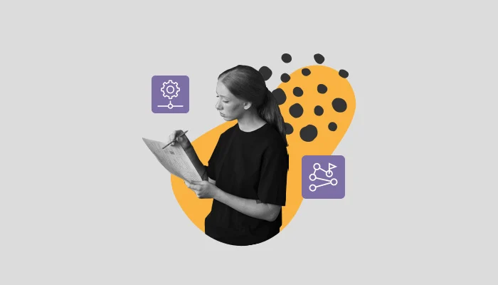 Ilustração: uma mulher escrevendo em um papel, contabilizando a contratação de um ux writer
