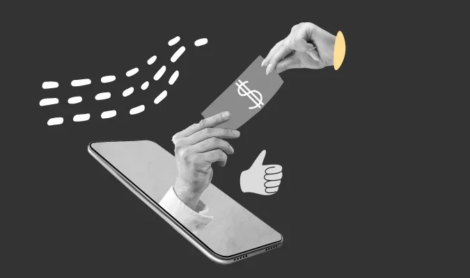 Ilustração de uma mão saindo no celular e recebendo dinheiro de outra