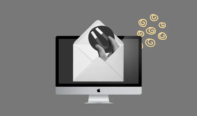 Ilustração de um imã saindo de uma mensagem de email e uma tela de computador
