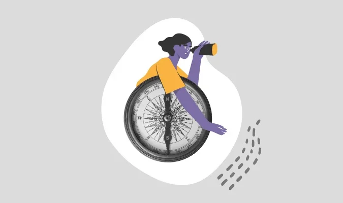 Ilustração de uma mulher com um binóculo e uma lupa