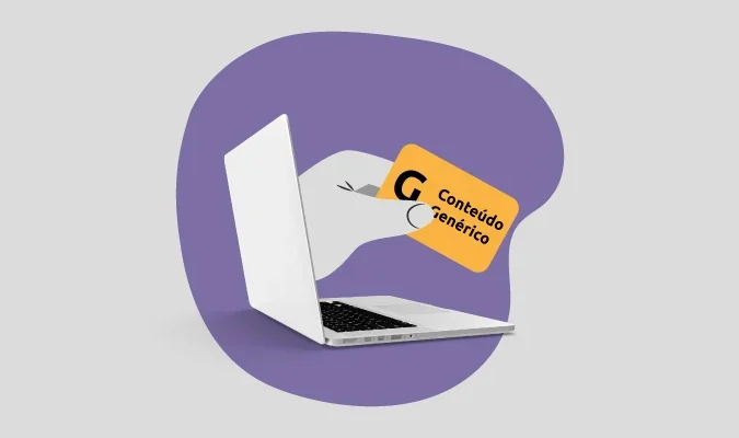 Mão saindo da tela de um laptop com a mensagem de conteúdo genérico