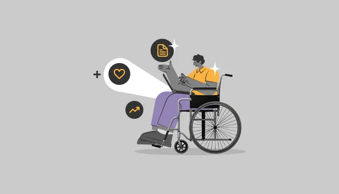Ilustração de uma pessoa cadeirante apreciando conteúdos que ela considera úteis para ela