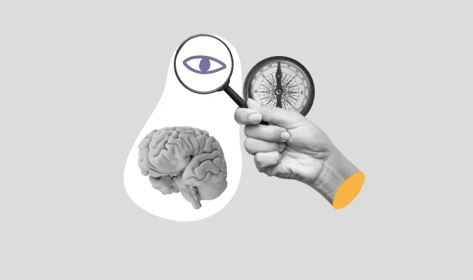 Ilustração de uma lupa analisando um cérebro, com uma bússola ao fundo