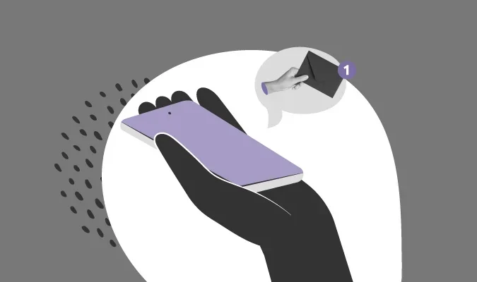 Ilustração de uma mão segurando um celular que está recebendo um email marketing