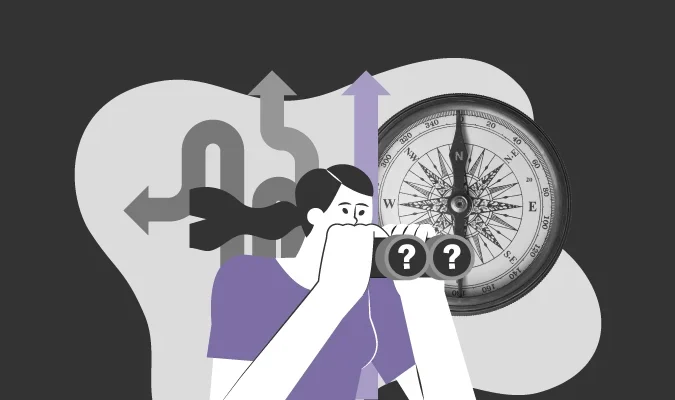 Ilustração de mulher com binóculo e uma búsola ao fundo