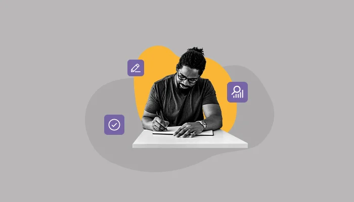 Ilustração mostra um homem escrevendo em um caderno