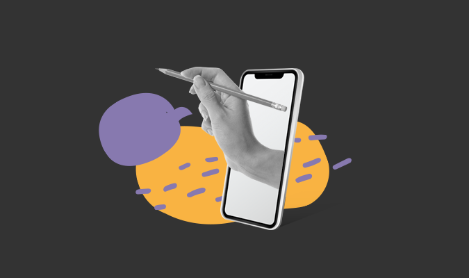 Fotomontagem mostra mão com lápis, criando conteúdo, de dentro de um smartphone