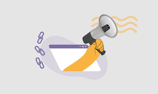 Ilustração de uma mão segurando um megafone e saindo da tela de um computador