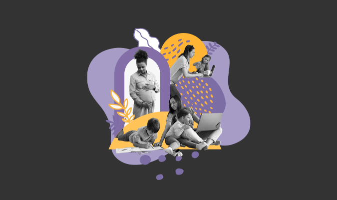 Fotomontagem com mães e seus filhos e de mulheres grávidas