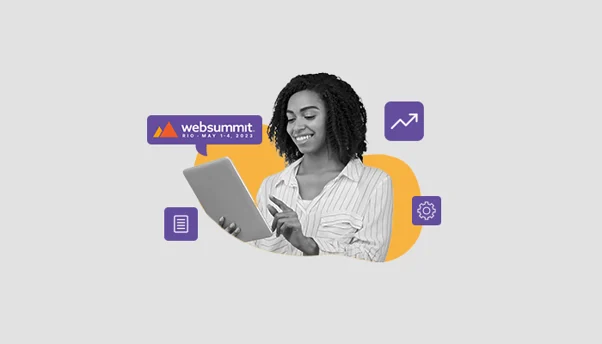 Mulher navega por conteúdo relacionado ao Web Summit, em imagem com foto e ilustração
