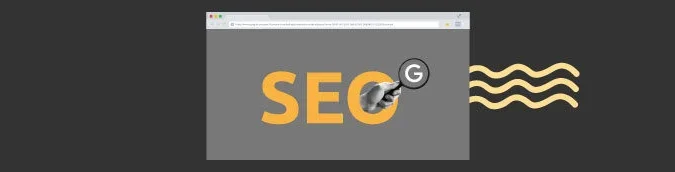 Ilusttração de um navegador e um mecanismo de buscas com as palavras SEO