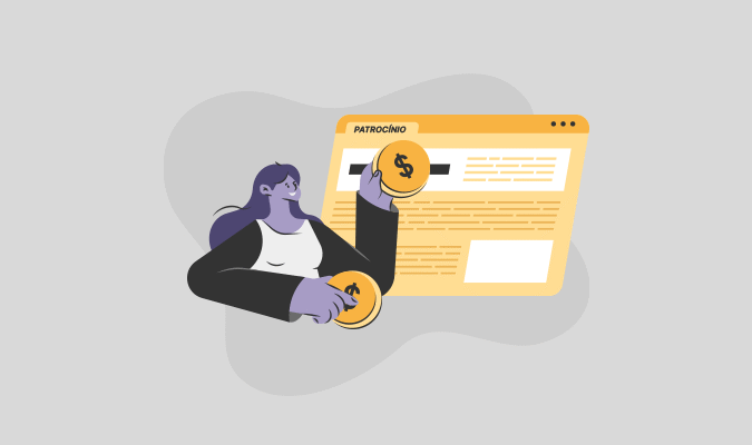 Ilustração de uma mulher segurando moedas para patrocinar um conteúdo