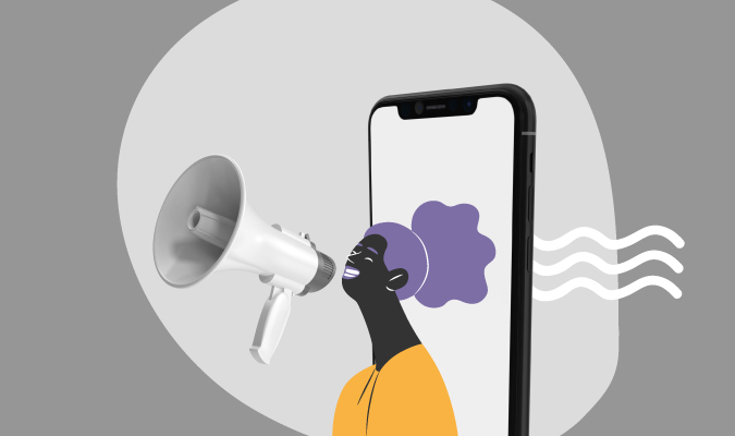 Ilustração de um celular e uma mulher usando um megafone