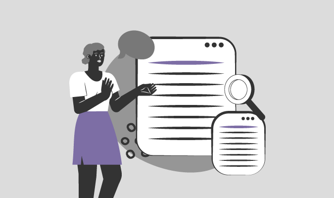 Ilustração de uma mulher lendo um conteúdo