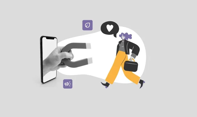 Ilustração de uma mulher sendo atraída por uma mão segurando um ímã saindo da tela de um celular