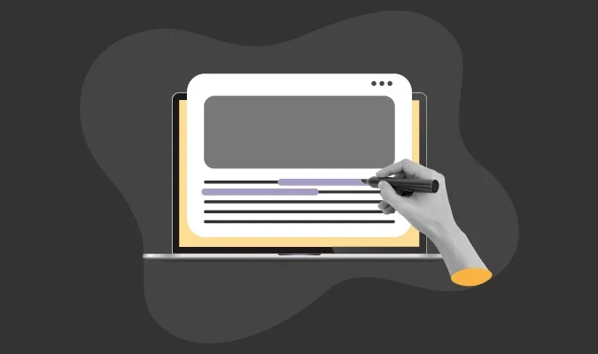 Ilustração de uma mão segurando um lápis e revisando um conteúdo na web