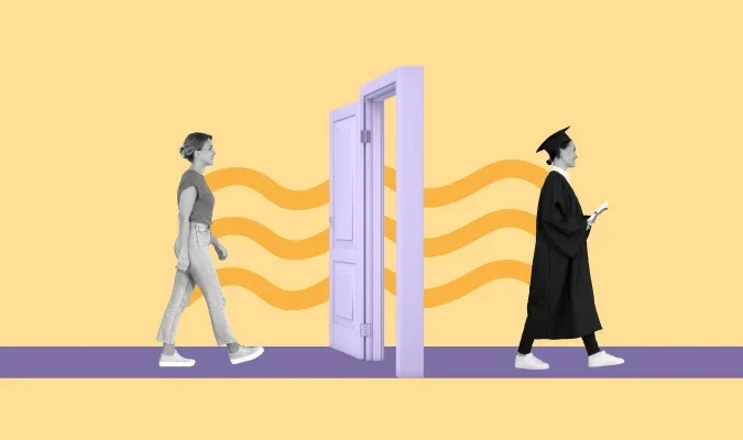 Imagem: uma mulher atravessa uma porta e sai do outro lado graduada.