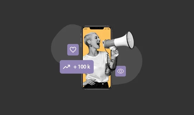 Fotomontagem de uma mulher com megafone saindo da tela de um celular, para ilustrar o poder dos influencers no marketing digital