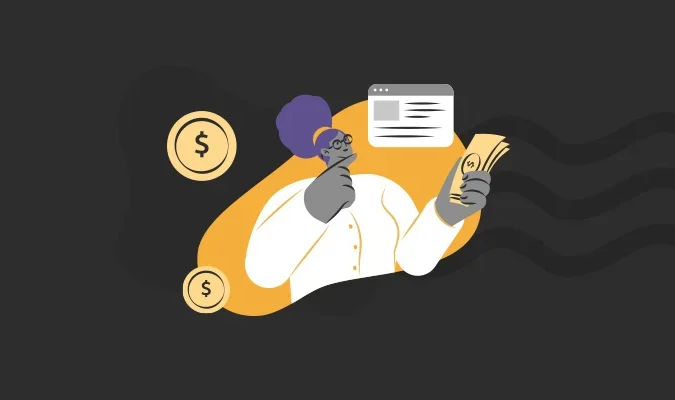 Ilustração de uma mulher com dinheiro na mão, investindo em marketing de conteúdo