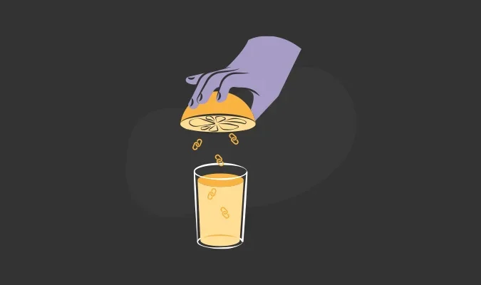 Ilustração de uma mão espremendo uma laranja num copo para fazer um suco
