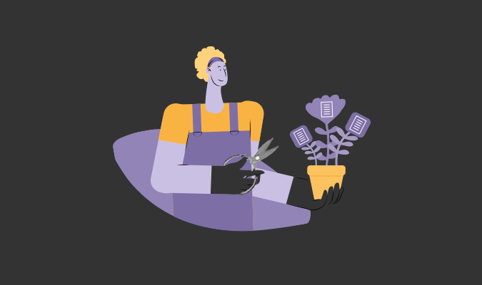 Ilustração de uma mulher podando flores em um vaso