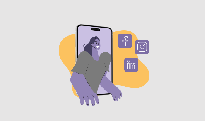 Ilustração de uma mulher e um celular com ícones de redes sociais