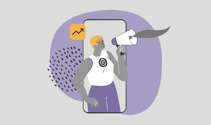 Ilustração de mulher com megafone e um celular gigante atrás dela, para representar este conteúdo sobre rebrading