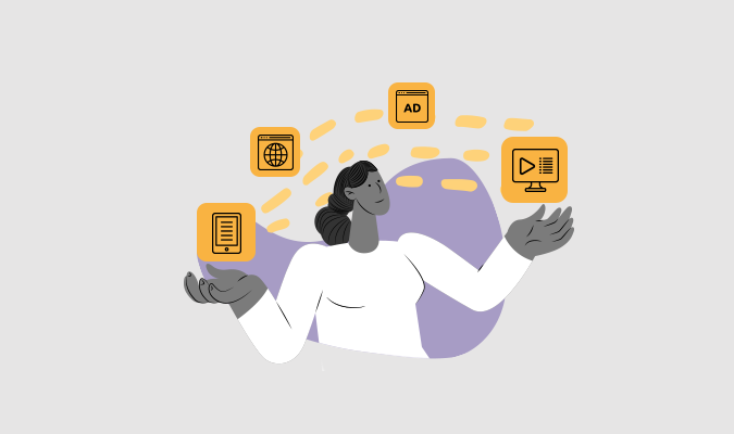 Ilustração de mulher e diversos ícones para representar o marketing multicanal