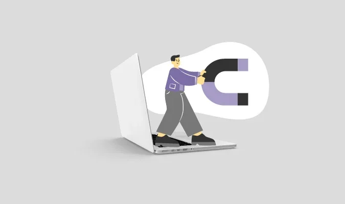 Ilustração de um homem saindo da tela de um computador segurando um ímã gigante