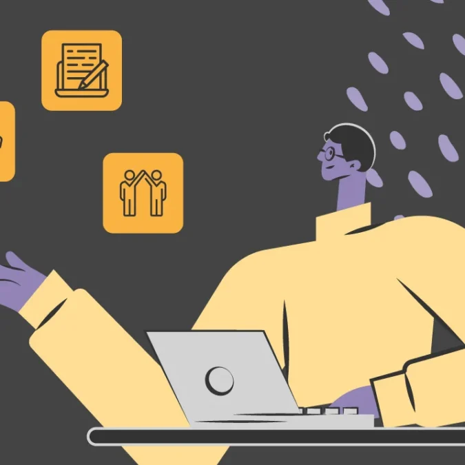 Ilustração de um gestor de marketing planejando sua equipe de conteúdo
