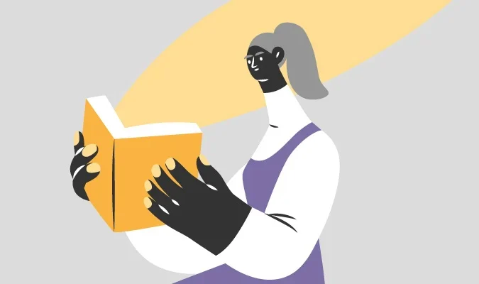 Ilustração de uma mulher lendo um livro de histórias