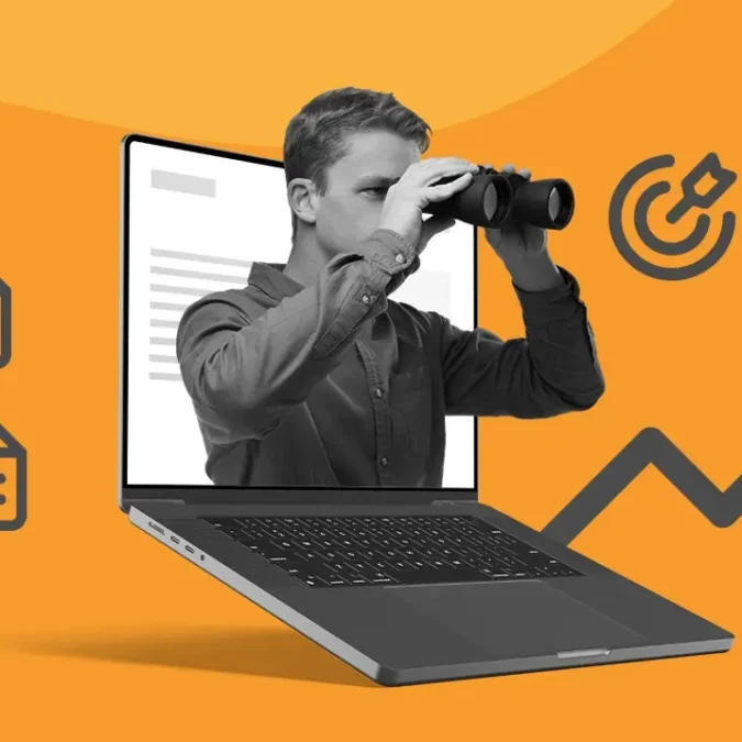 Fotomontagem de um homem com binóculo, saindo da tela de um laptop