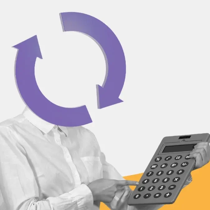 Fotomontagem de uma pessoa usando uma calculadora gigante para medir o ROI do Marketing de conteúdo