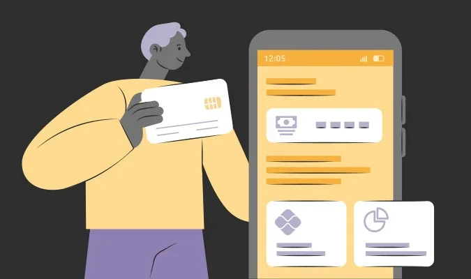 Ilustração de homem com um cartã de banco na mão e o sistema internet banking em um celular