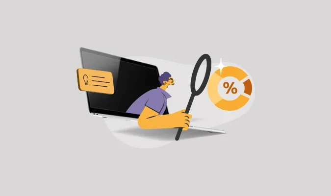 Ilustração de homem com uma lupa saindo da tela de um computador