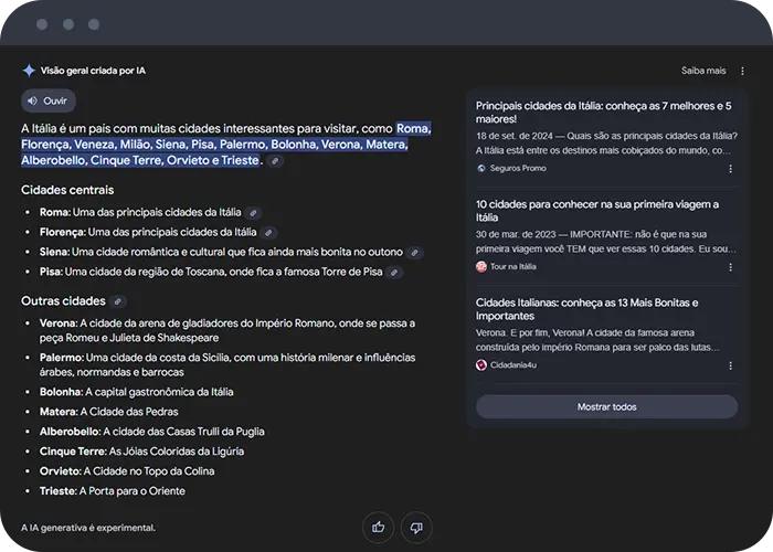 Reprodução de tela da ferramenta de IA da página de buscas do Google, com os resultados e links