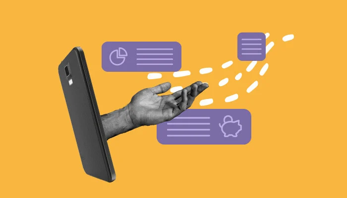 Uma mão sai de um smartphone. Ao fundo há ícones financeiros.