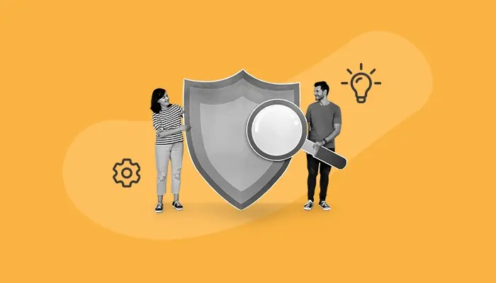 Fotomontagem de um casal segurando um escudo e uma lupa, para ilustrar artigo sobre bots maliciosos