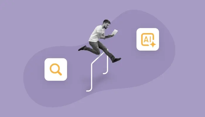 Fotomontagem de homem segurando um laptop e saltando um obstáculo ilustra os desafios dos times de marketing frente às novas demandas de buscas e IA